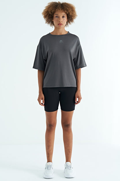 Dark Grey O Collar Print Detailed Oversize Short Sleeve Women's T-Shirt - 97263