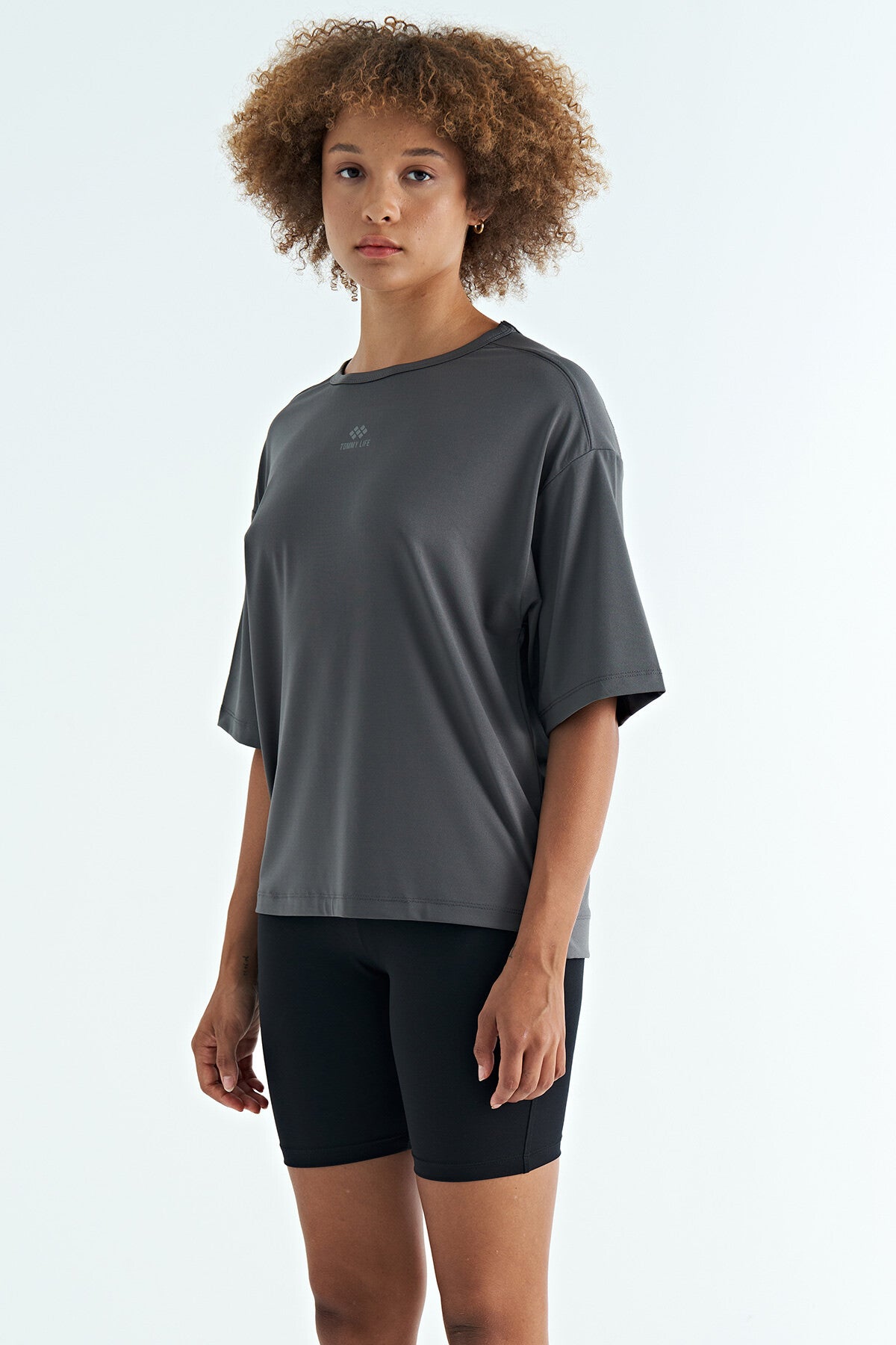 Dark Grey O Collar Print Detailed Oversize Short Sleeve Women's T-Shirt - 97263