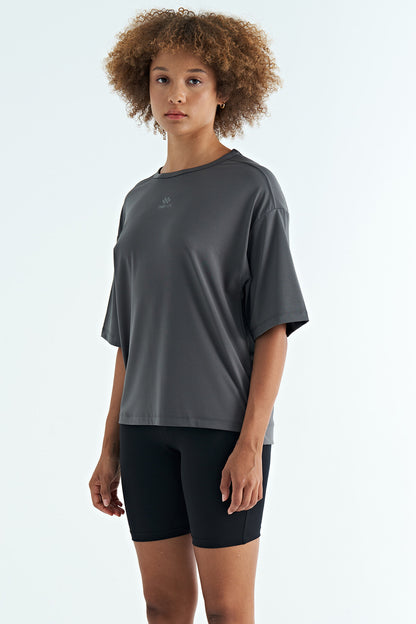 Dark Grey O Collar Print Detailed Oversize Short Sleeve Women's T-Shirt - 97263