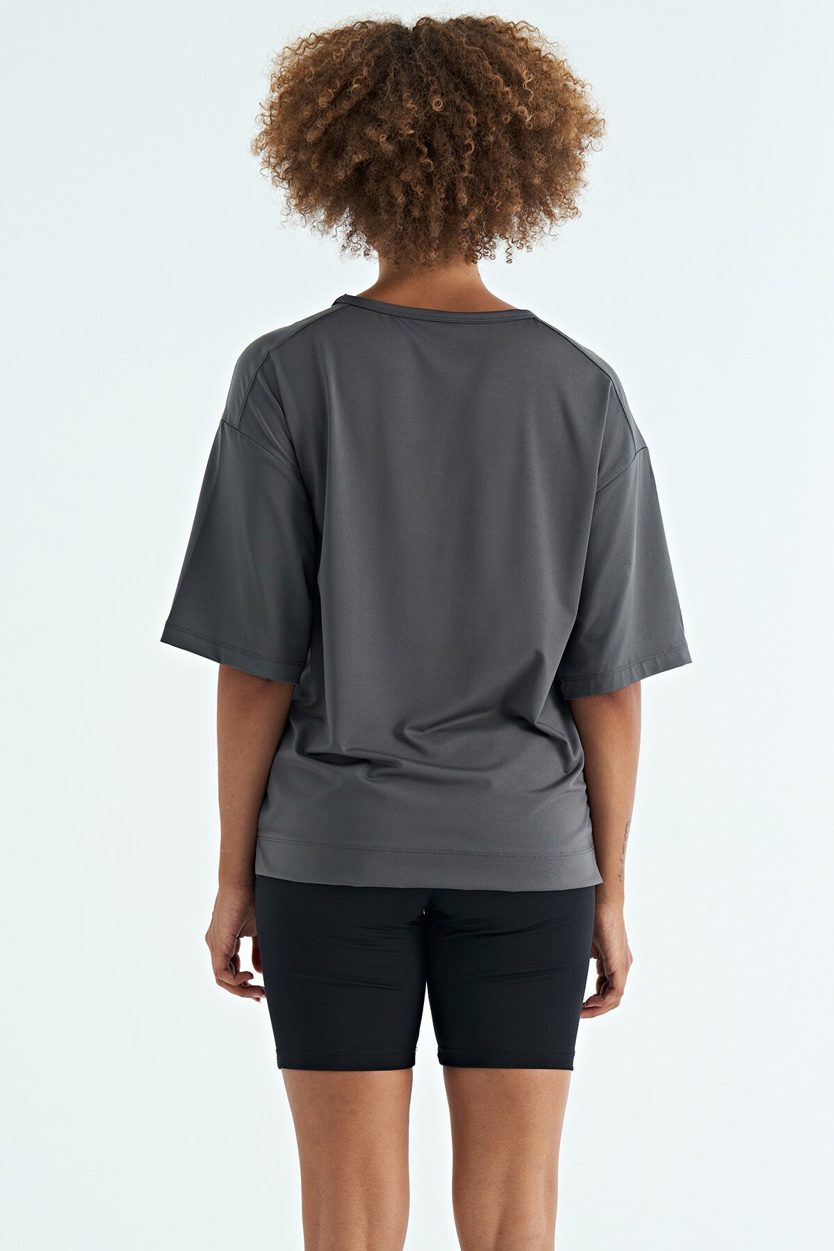 Dark Grey O Collar Print Detailed Oversize Short Sleeve Women's T-Shirt - 97263