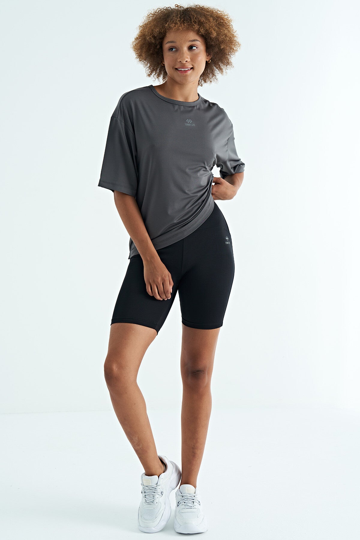 Dark Grey O Collar Print Detailed Oversize Short Sleeve Women's T-Shirt - 97263