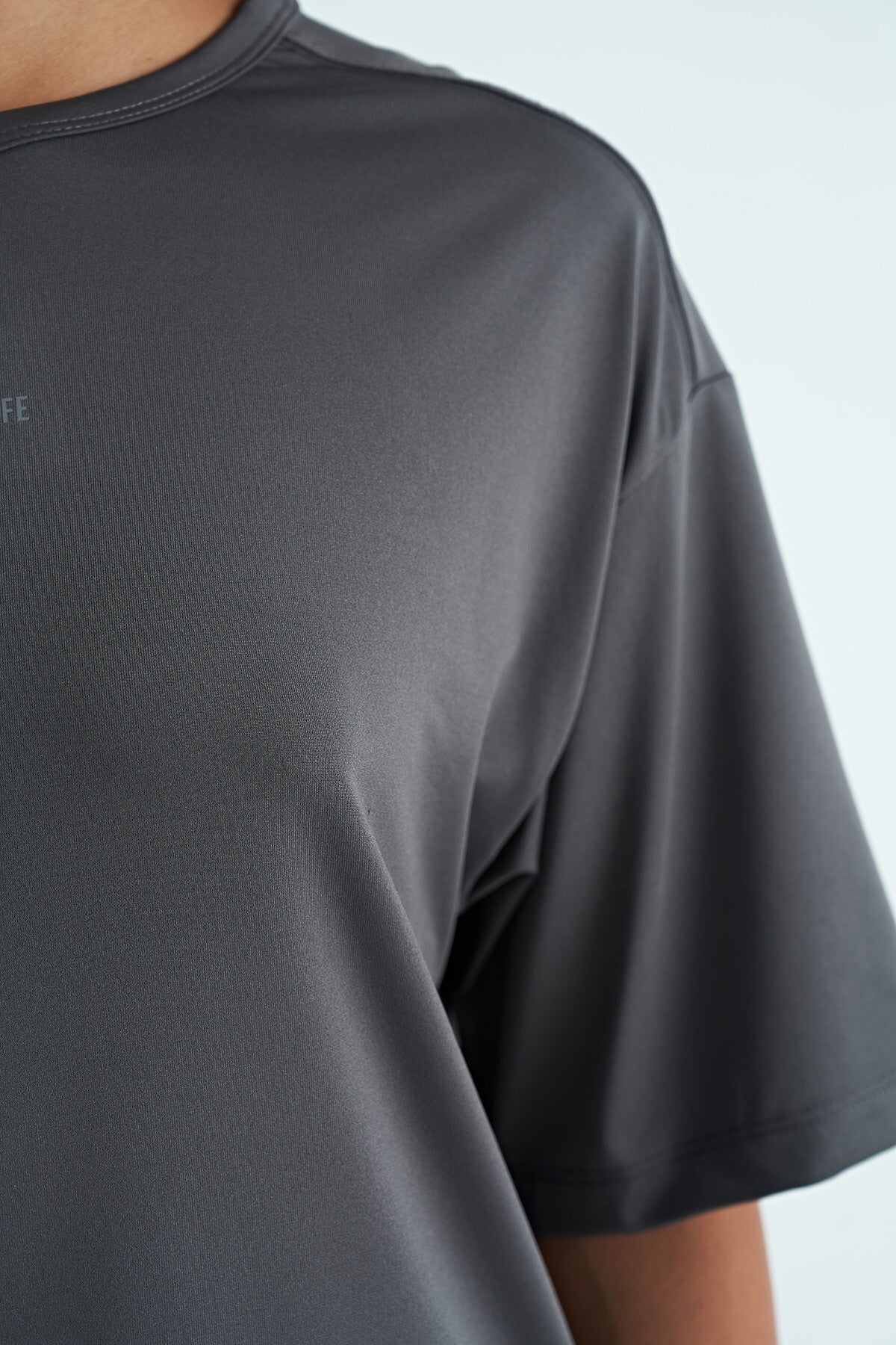 Dark Grey O Collar Print Detailed Oversize Short Sleeve Women's T-Shirt - 97263