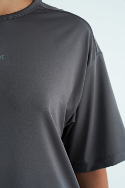 Dark Grey O Collar Print Detailed Oversize Short Sleeve Women's T-Shirt - 97263