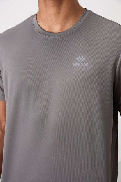 Dark Grey O Collar Standard Fit Logo Pattern Active Sports Men's T-Shirt - 88255