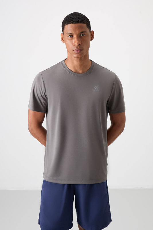 Dark Grey O Collar Standard Fit Logo Pattern Active Sports Men's T-Shirt - 88255