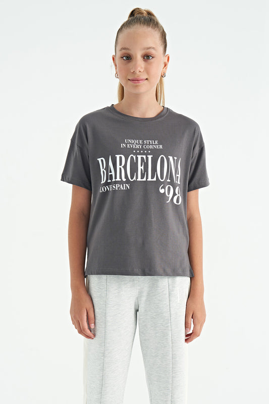 Dark Gray O Collar Printed Drop Shoulder Oversize Girl's T-Shirt - 75115