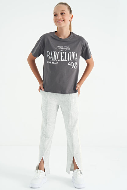 Dark Gray O Collar Printed Drop Shoulder Oversize Girl's T-Shirt - 75115