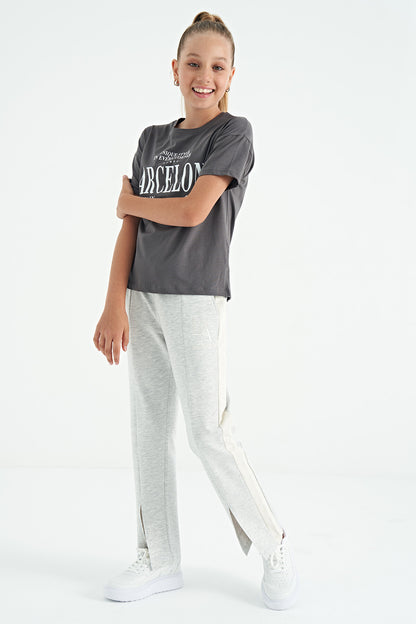 Dark Gray O Collar Printed Drop Shoulder Oversize Girl's T-Shirt - 75115