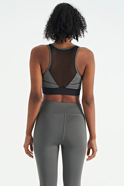 Dark Grey Front Back Print Detailed U Collar Slim Fit Women's Sports Bustier - 97252