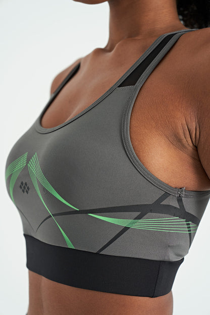 Dark Grey Front Back Print Detailed U Collar Slim Fit Women's Sports Bustier - 97252