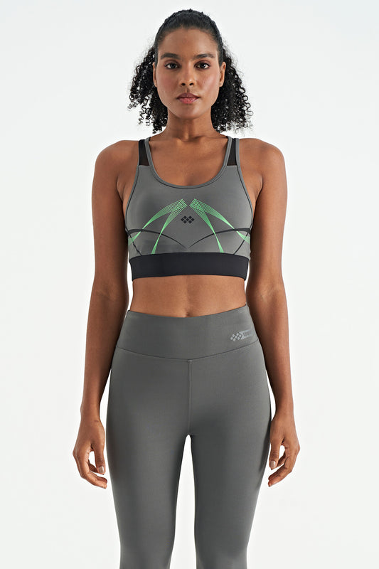 Dark Grey Front Back Print Detailed U Collar Slim Fit Women's Sports Bustier - 97252