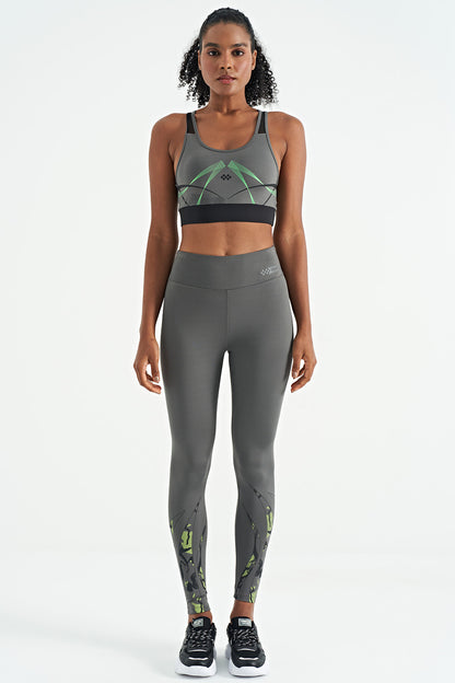 Dark Grey Front Back Print Detailed U Collar Slim Fit Women's Sports Bustier - 97252