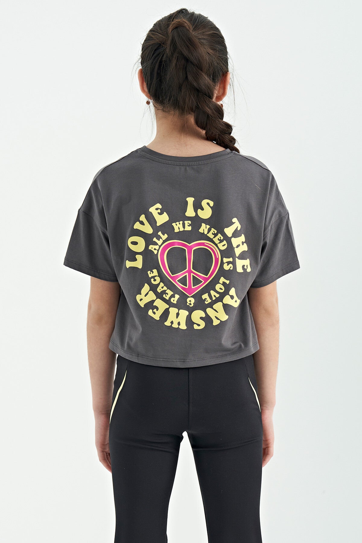 Dark Gray Front Back Print O Collar Low Shoulder Oversize Short Sleeve Girl's T-Shirt - 75126