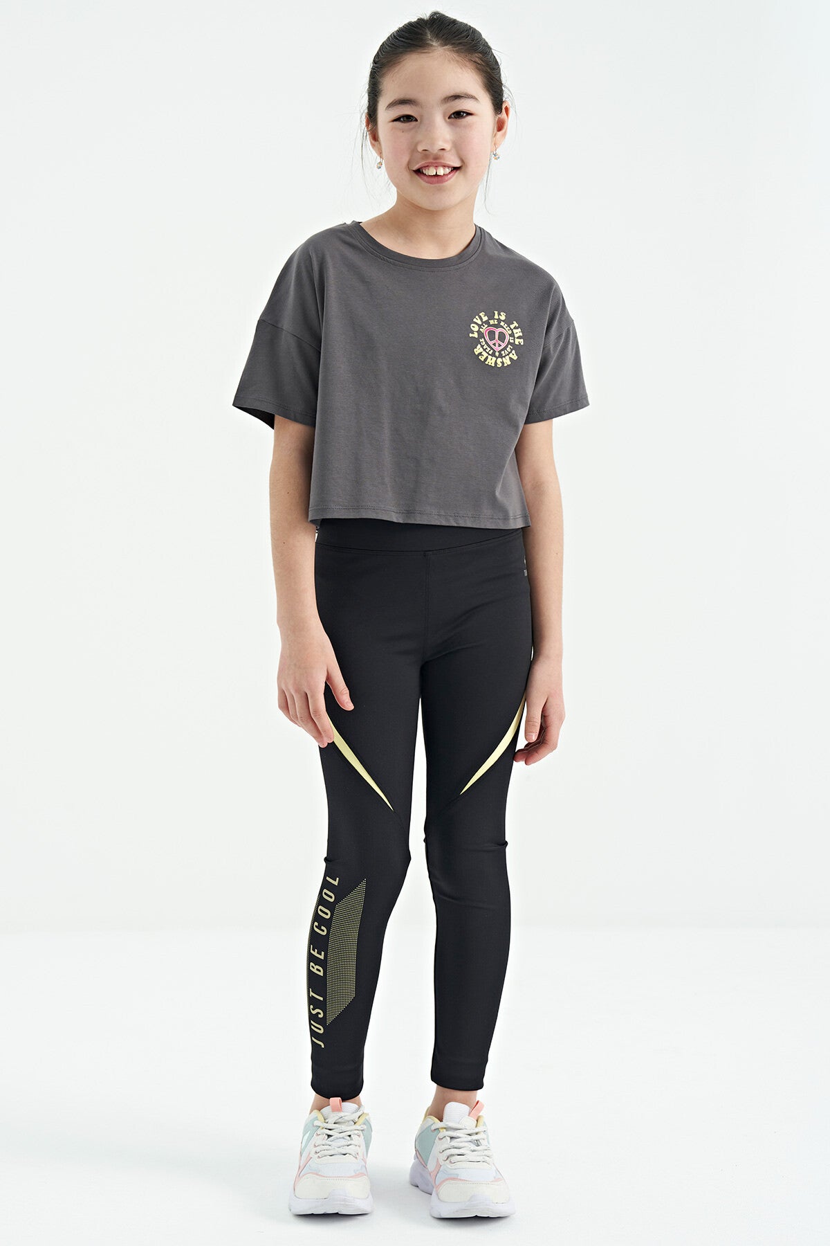 Dark Gray Front Back Print O Collar Low Shoulder Oversize Short Sleeve Girl's T-Shirt - 75126