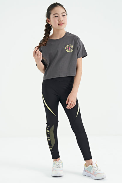 Dark Gray Front Back Print O Collar Low Shoulder Oversize Short Sleeve Girl's T-Shirt - 75126