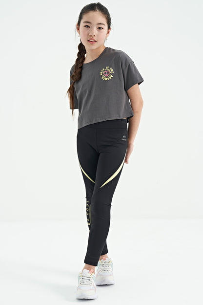 Dark Gray Front Back Print O Collar Low Shoulder Oversize Short Sleeve Girl's T-Shirt - 75126