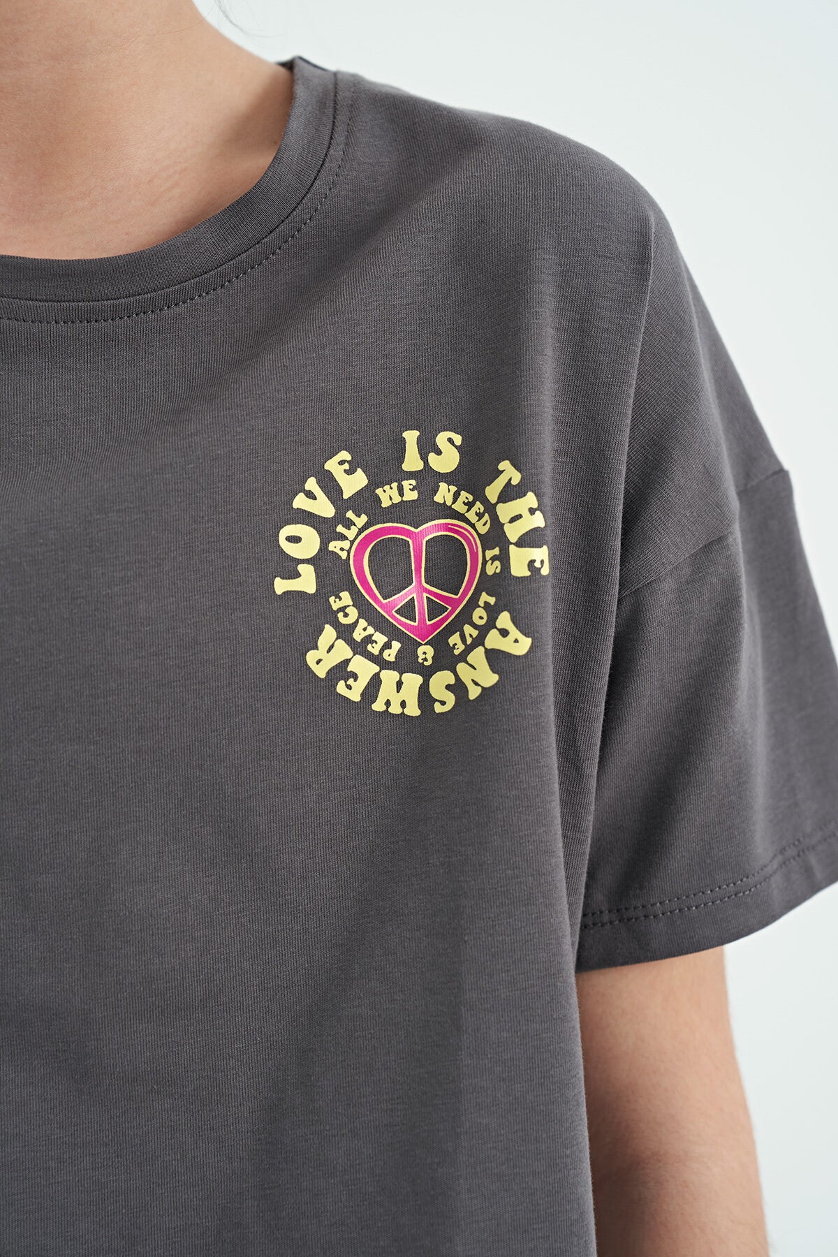 Dark Gray Front Back Print O Collar Low Shoulder Oversize Short Sleeve Girl's T-Shirt - 75126