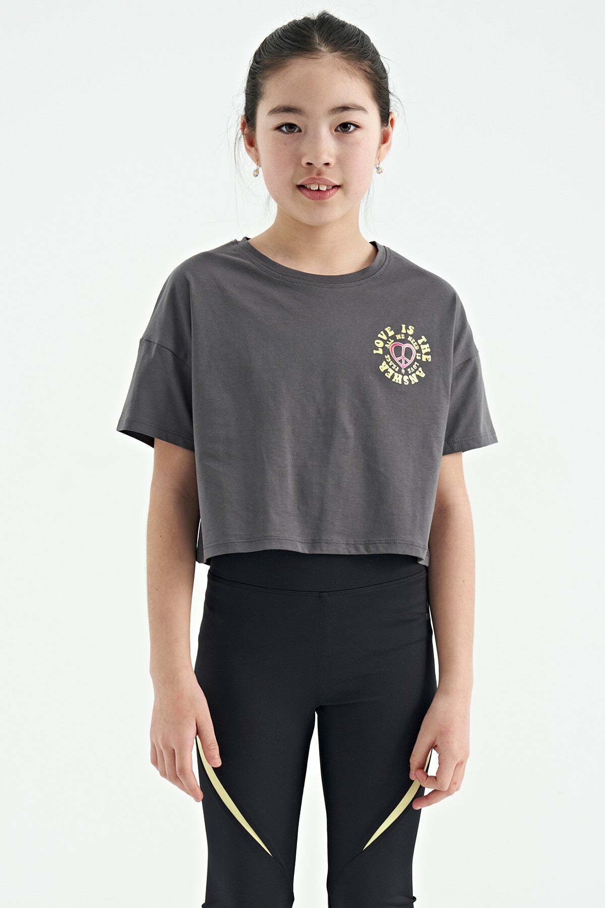Dark Gray Front Back Print O Collar Low Shoulder Oversize Short Sleeve Girl's T-Shirt - 75126