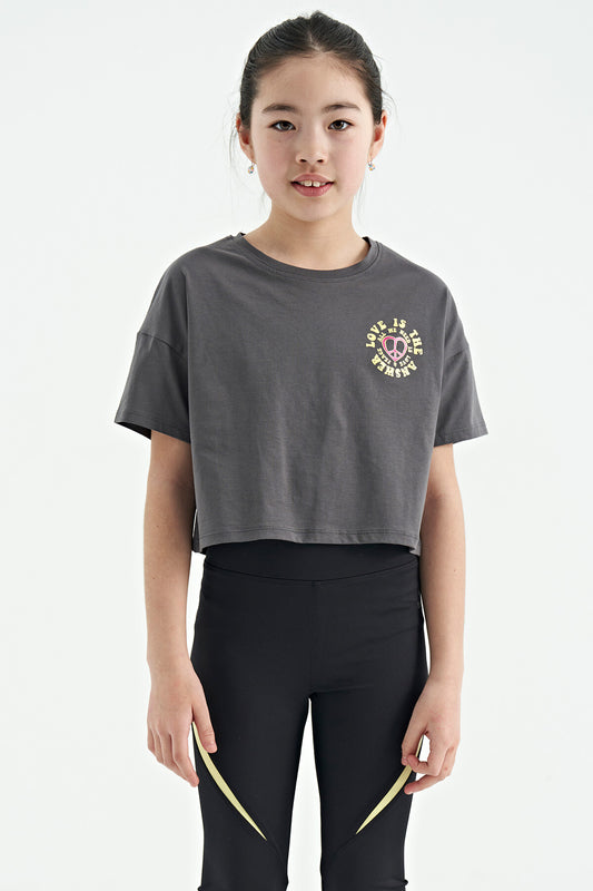 Dark Gray Front Back Print O Collar Low Shoulder Oversize Short Sleeve Girl's T-Shirt - 75126