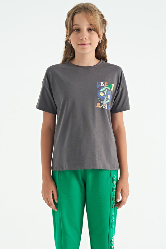 Dark Grey Front Back Multi-Colored Printed Oversize Short Sleeve Girl's T-Shirt - 75117