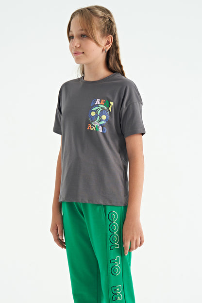 Dark Grey Front Back Multi-Colored Printed Oversize Short Sleeve Girl's T-Shirt - 75117