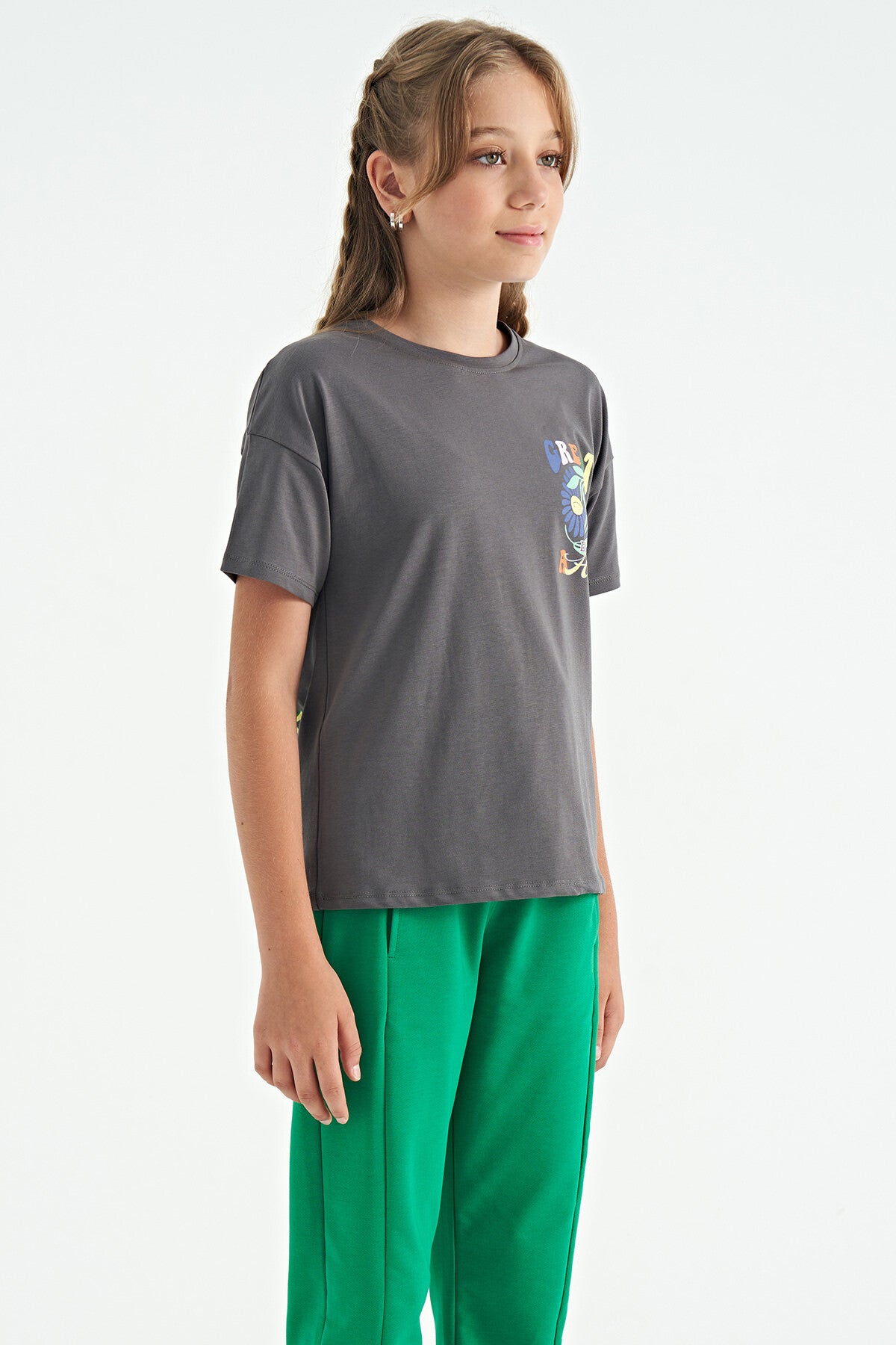 Dark Grey Front Back Multi-Colored Printed Oversize Short Sleeve Girl's T-Shirt - 75117