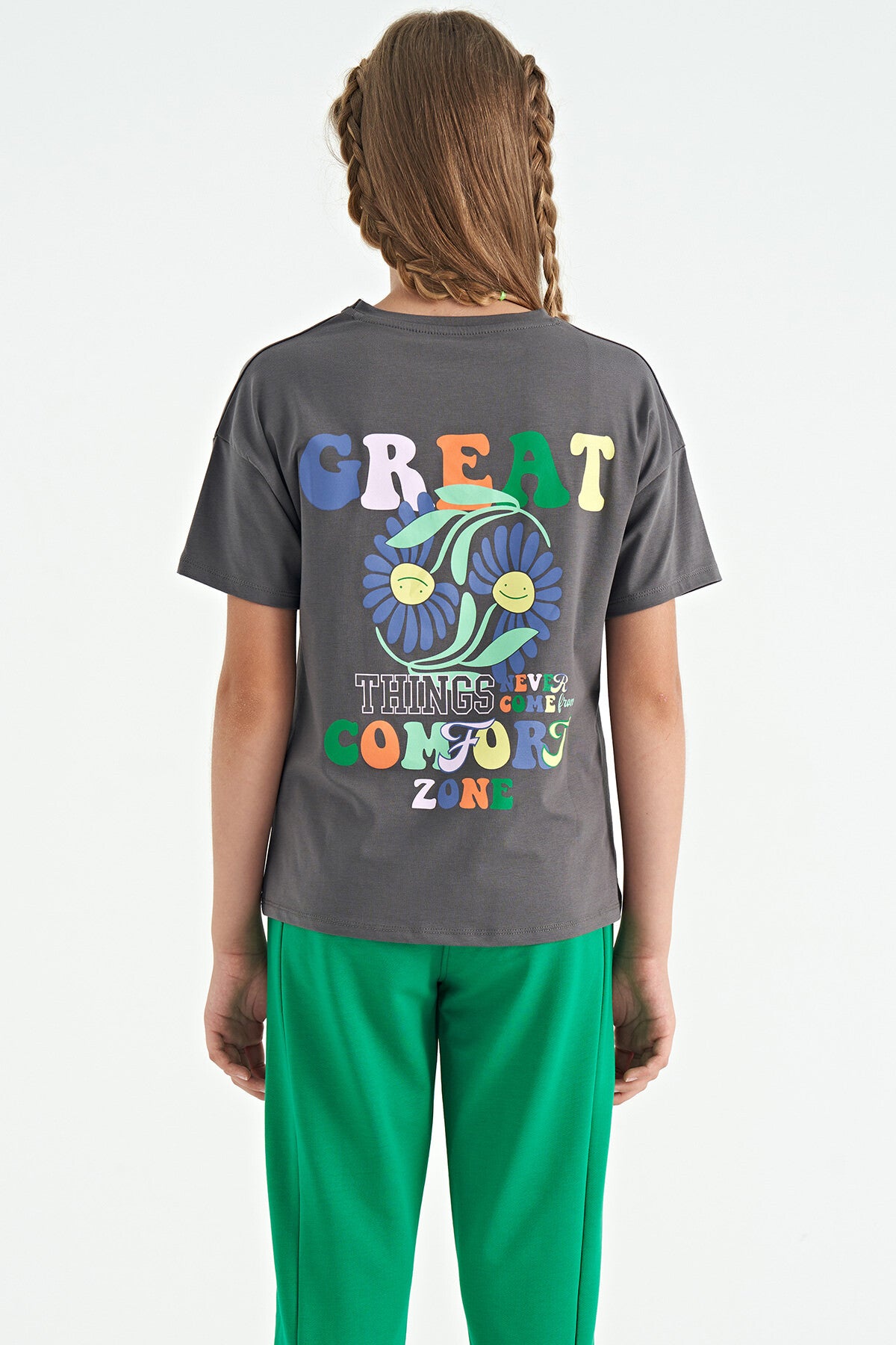 Dark Grey Front Back Multi-Colored Printed Oversize Short Sleeve Girl's T-Shirt - 75117