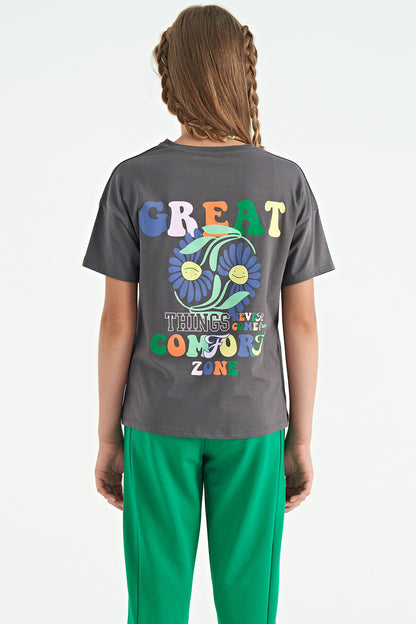 Dark Grey Front Back Multi-Colored Printed Oversize Short Sleeve Girl's T-Shirt - 75117