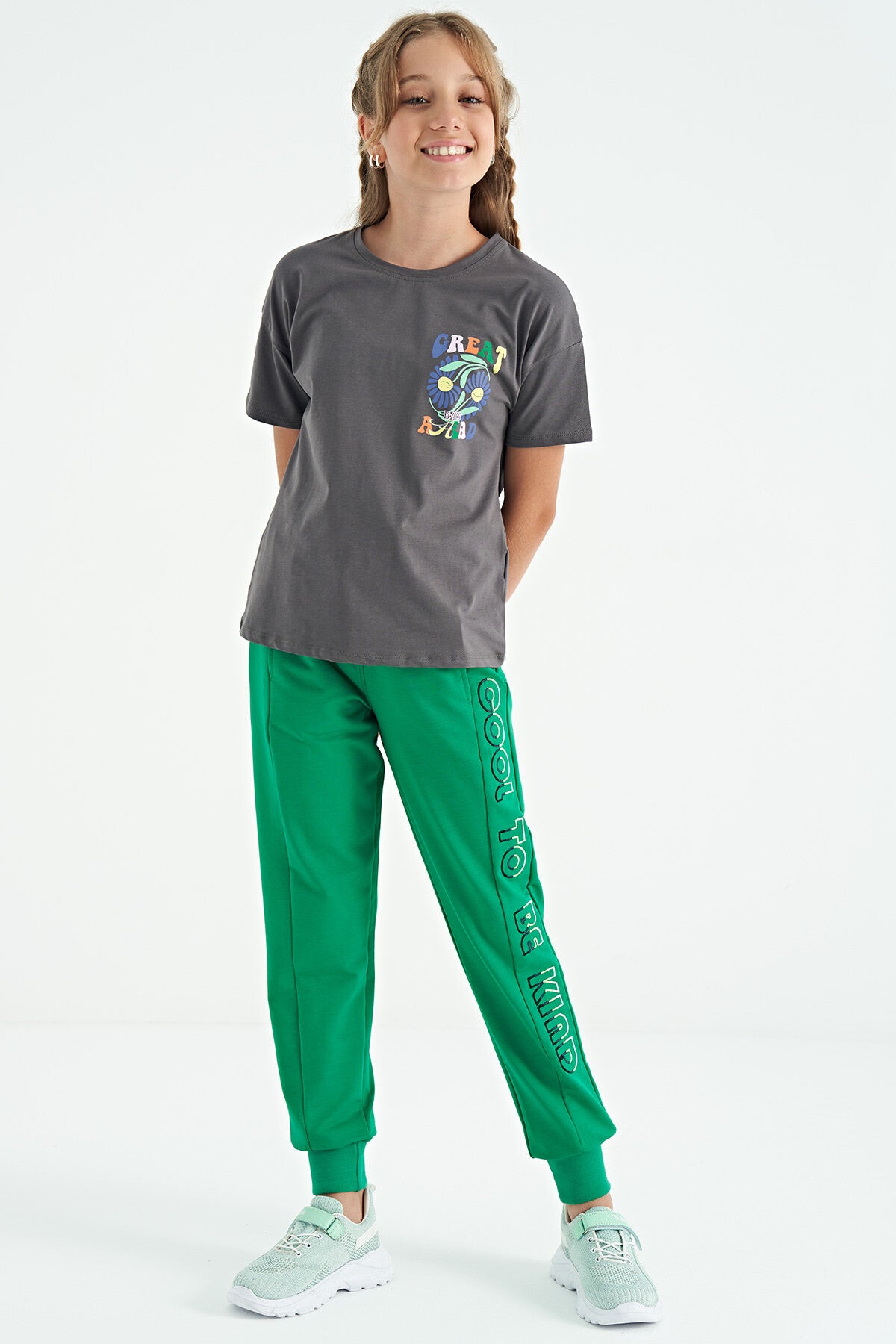 Dark Grey Front Back Multi-Colored Printed Oversize Short Sleeve Girl's T-Shirt - 75117