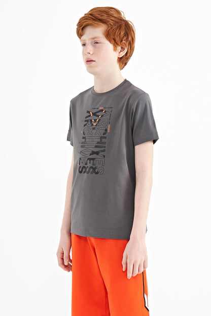 Dark Grey Preprint Detailed O Collar Standard Fit Boys' T-Shirt - 11099