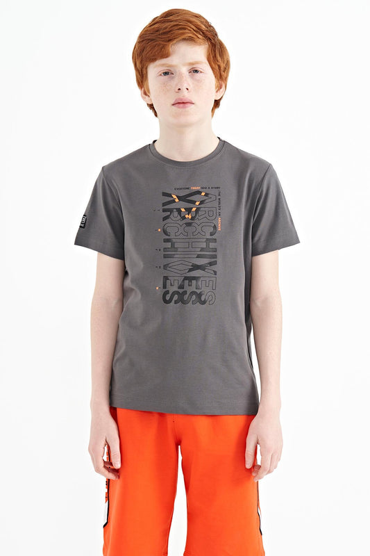 Dark Grey Preprint Detailed O Collar Standard Fit Boys' T-Shirt - 11099
