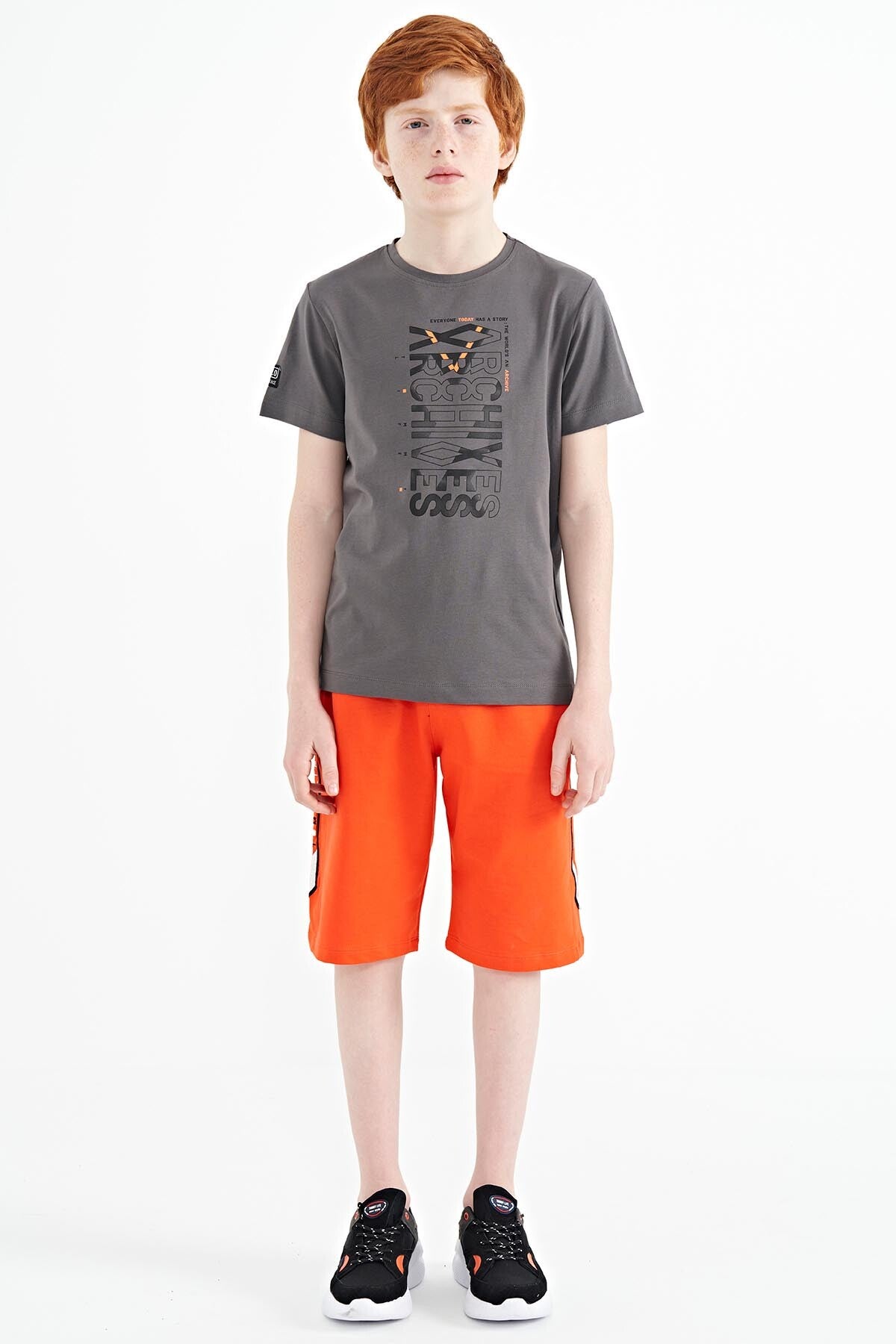 Dark Grey Preprint Detailed O Collar Standard Fit Boys' T-Shirt - 11099