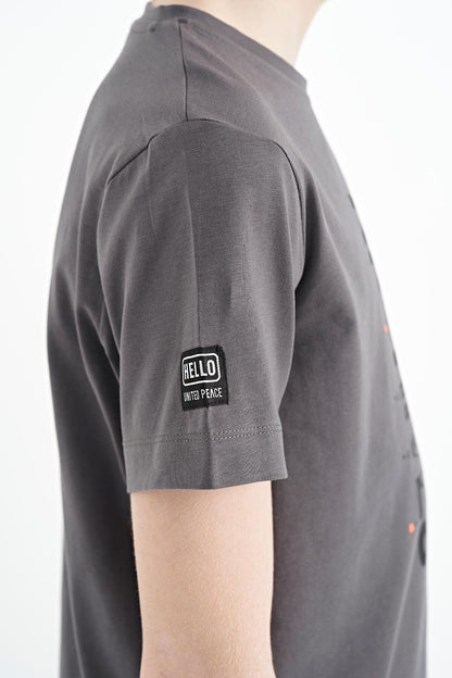 Dark Grey Preprint Detailed O Collar Standard Fit Boys' T-Shirt - 11099