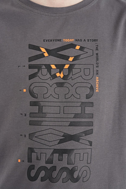 Dark Grey Preprint Detailed O Collar Standard Fit Boys' T-Shirt - 11099