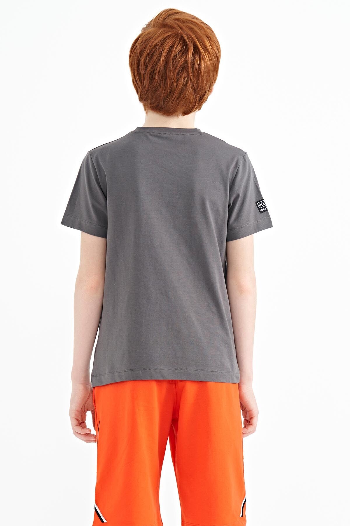 Dark Grey Preprint Detailed O Collar Standard Fit Boys' T-Shirt - 11099