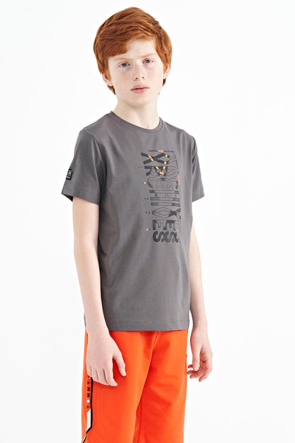 Dark Grey Preprint Detailed O Collar Standard Fit Boys' T-Shirt - 11099