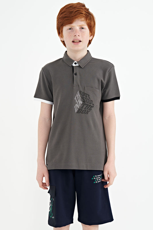 Dark Grey Front Detailed Print Standard Fit Polo Collar Boys' T-Shirt - 11102