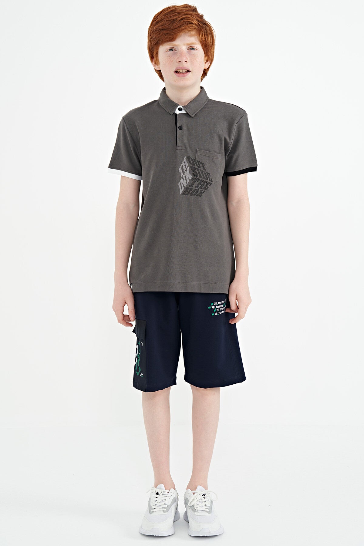 Dark Grey Front Detailed Print Standard Fit Polo Collar Boys' T-Shirt - 11102