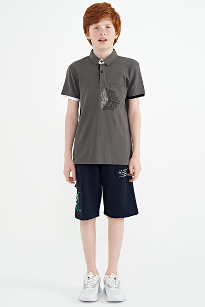 Dark Grey Front Detailed Print Standard Fit Polo Collar Boys' T-Shirt - 11102