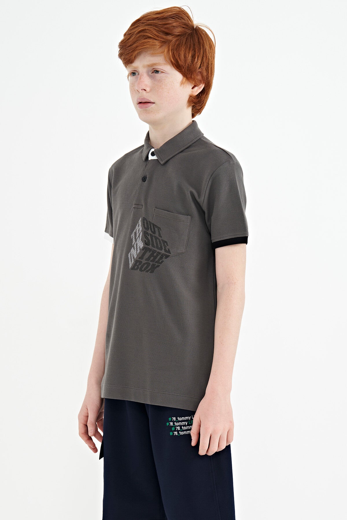 Dark Grey Front Detailed Print Standard Fit Polo Collar Boys' T-Shirt - 11102