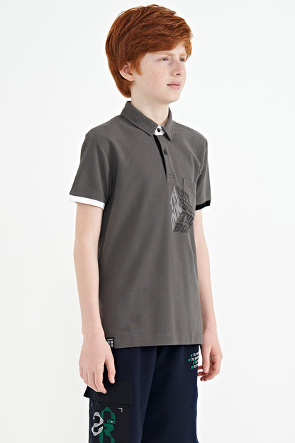 Dark Grey Front Detailed Print Standard Fit Polo Collar Boys' T-Shirt - 11102