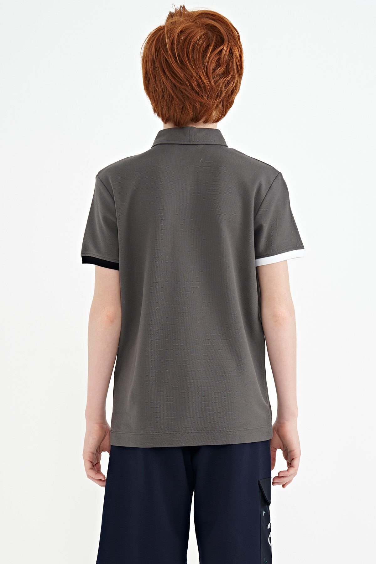 Dark Grey Front Detailed Print Standard Fit Polo Collar Boys' T-Shirt - 11102