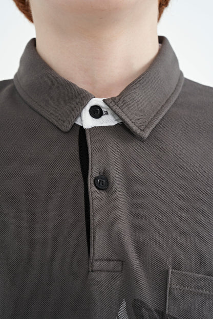 Dark Grey Front Detailed Print Standard Fit Polo Collar Boys' T-Shirt - 11102