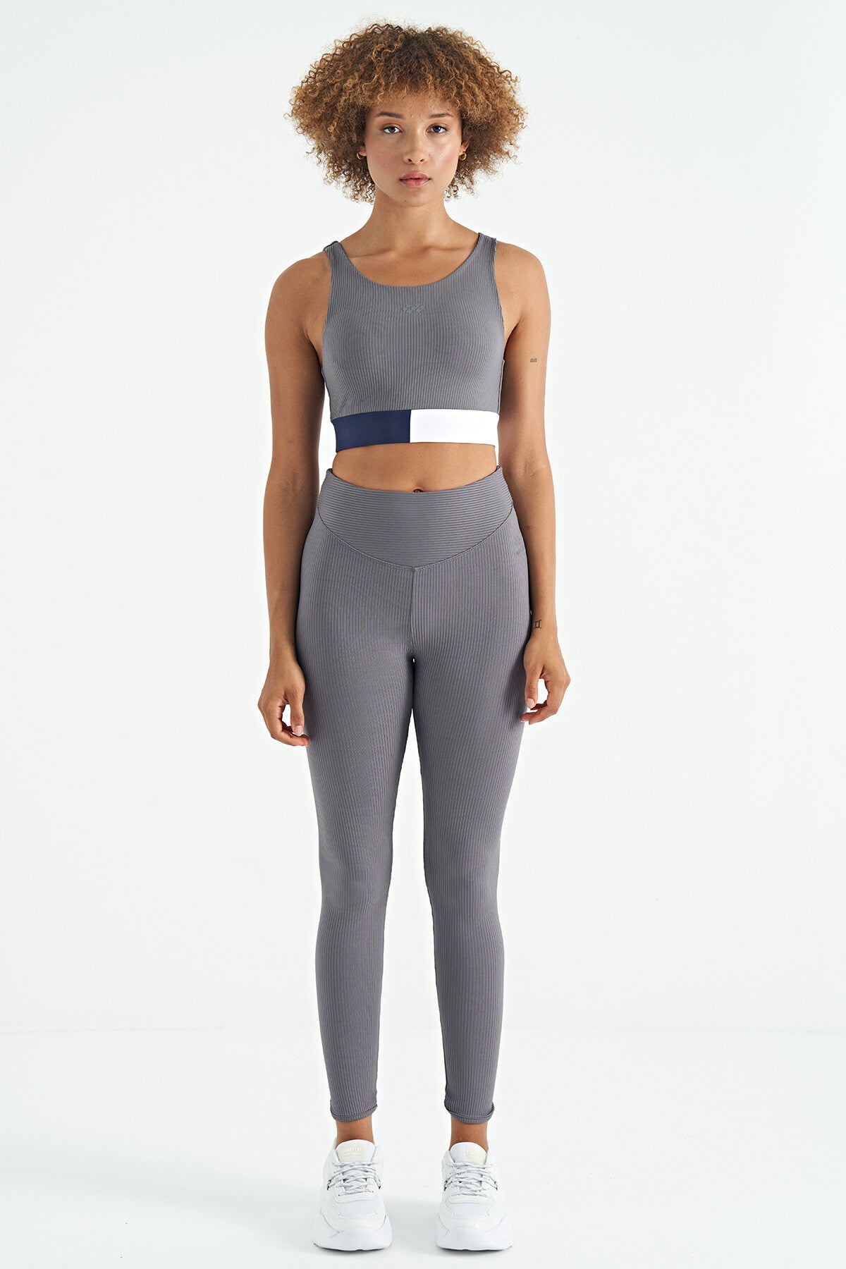 Dark Grey Color Block Logo Print Narrow Fit Striped Women's Bustier - 97275