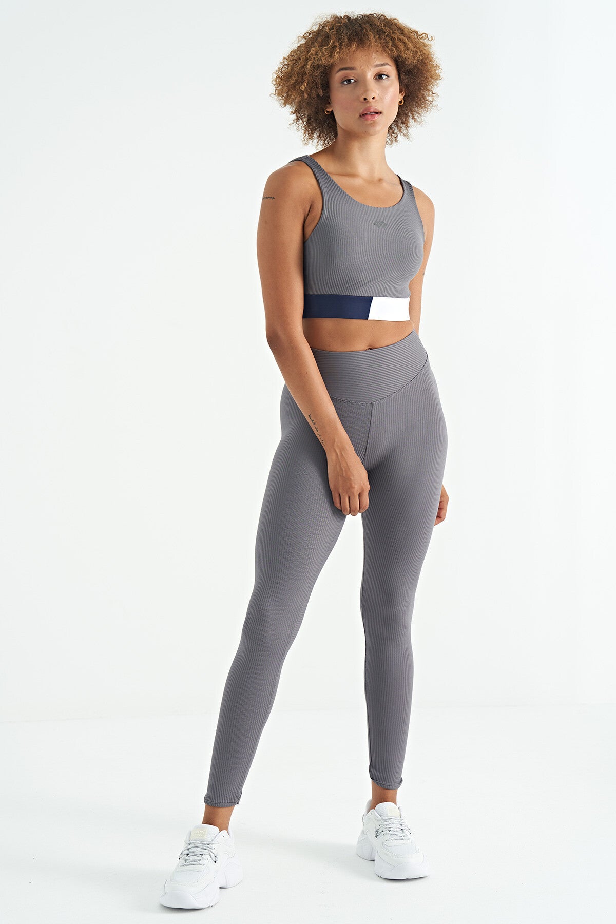 Dark Grey Color Block Logo Print Narrow Fit Striped Women's Bustier - 97275