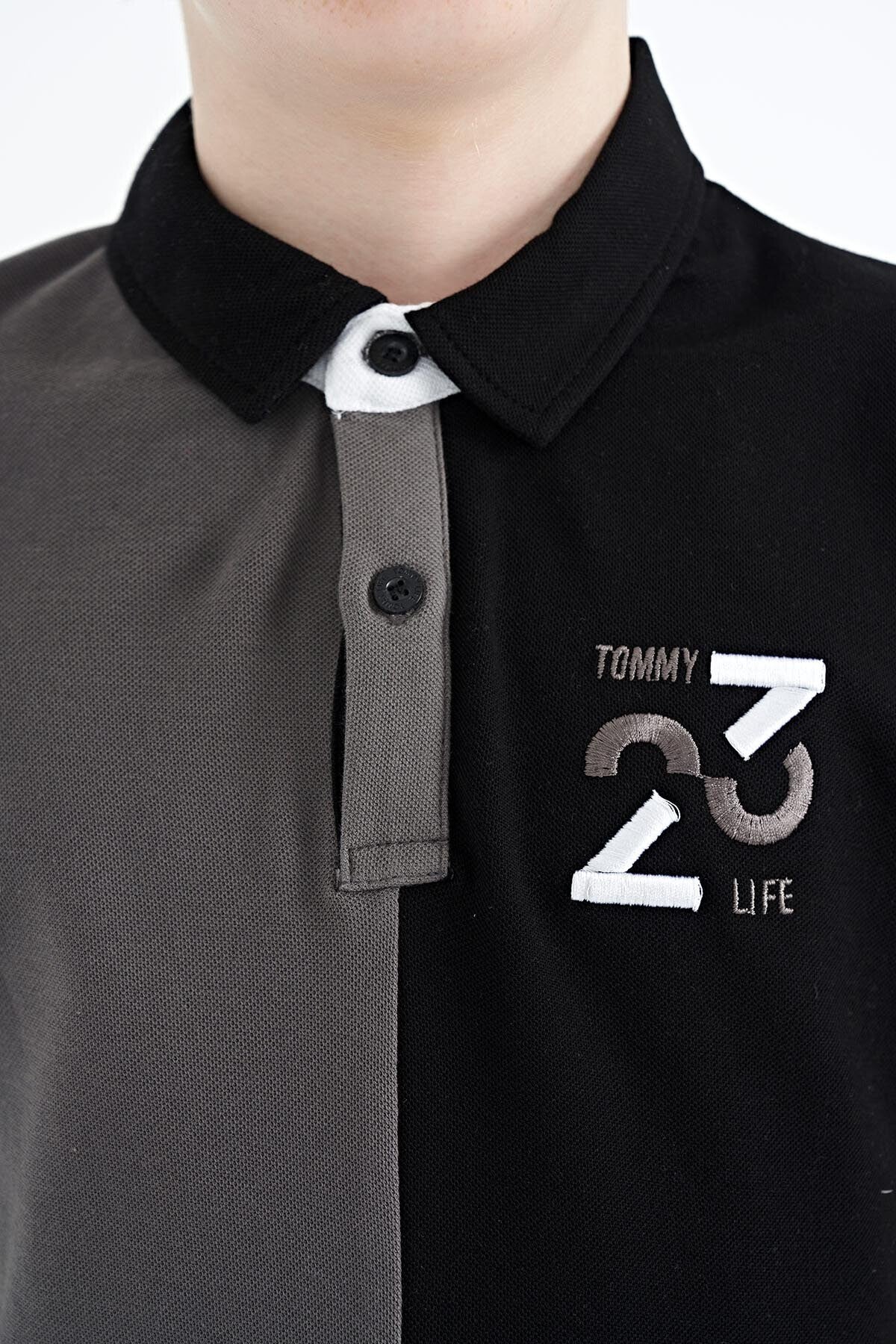 Dark Grey Color Block Embroidered Detailed Standard Fit Polo Collar Boys T-Shirt - 11108