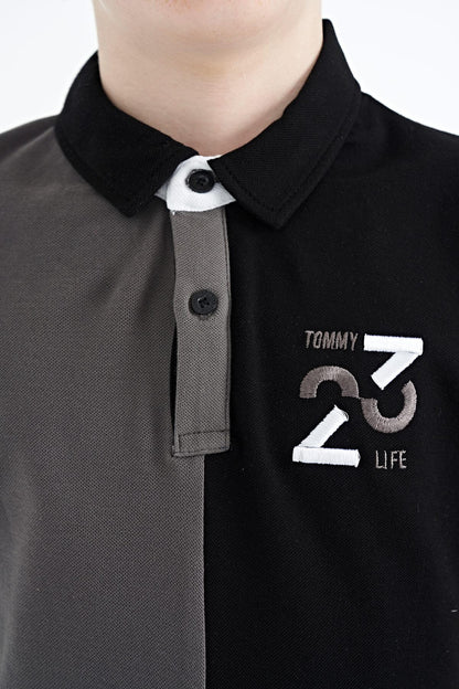 Dark Grey Color Block Embroidered Detailed Standard Fit Polo Collar Boys T-Shirt - 11108