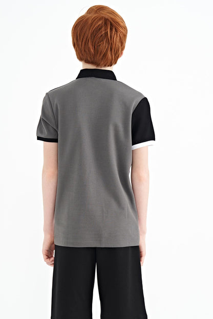 Dark Grey Color Block Embroidered Detailed Standard Fit Polo Collar Boys T-Shirt - 11108