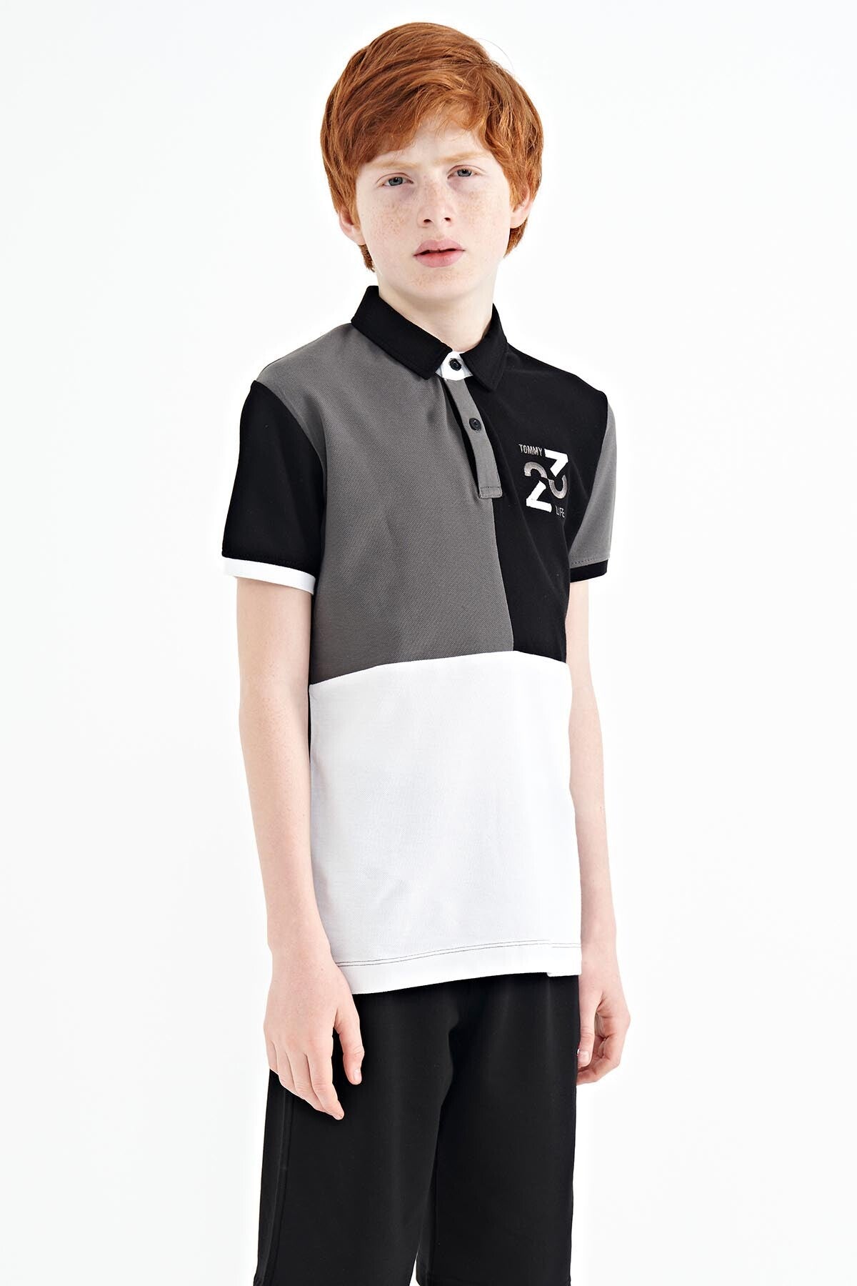 Dark Grey Color Block Embroidered Detailed Standard Fit Polo Collar Boys T-Shirt - 11108