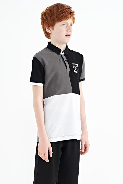 Dark Grey Color Block Embroidered Detailed Standard Fit Polo Collar Boys T-Shirt - 11108